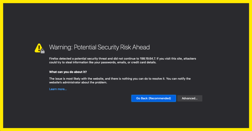 FireFox security warning screenshot