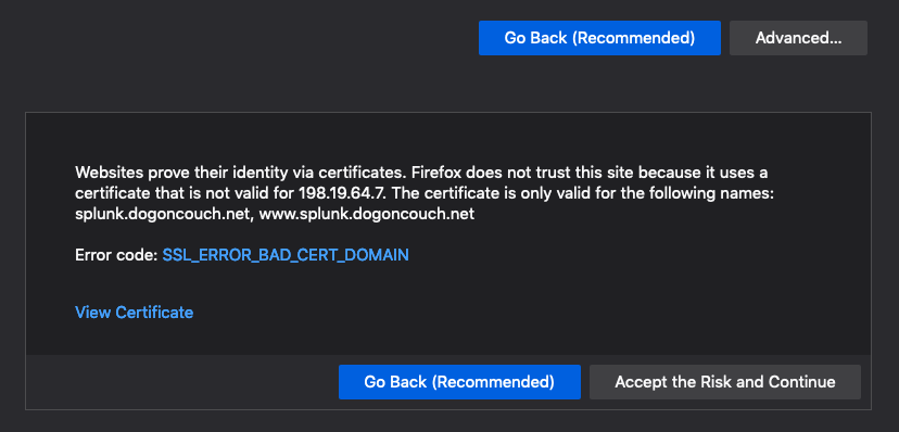 FireFox security warning - advanced section